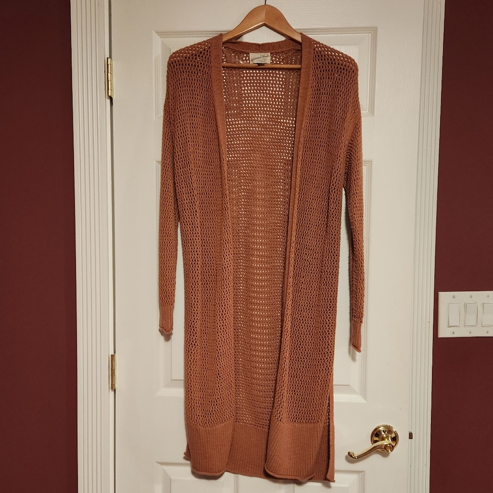 Universal Thread Open-Weave Long Cardigan in Rust Brown